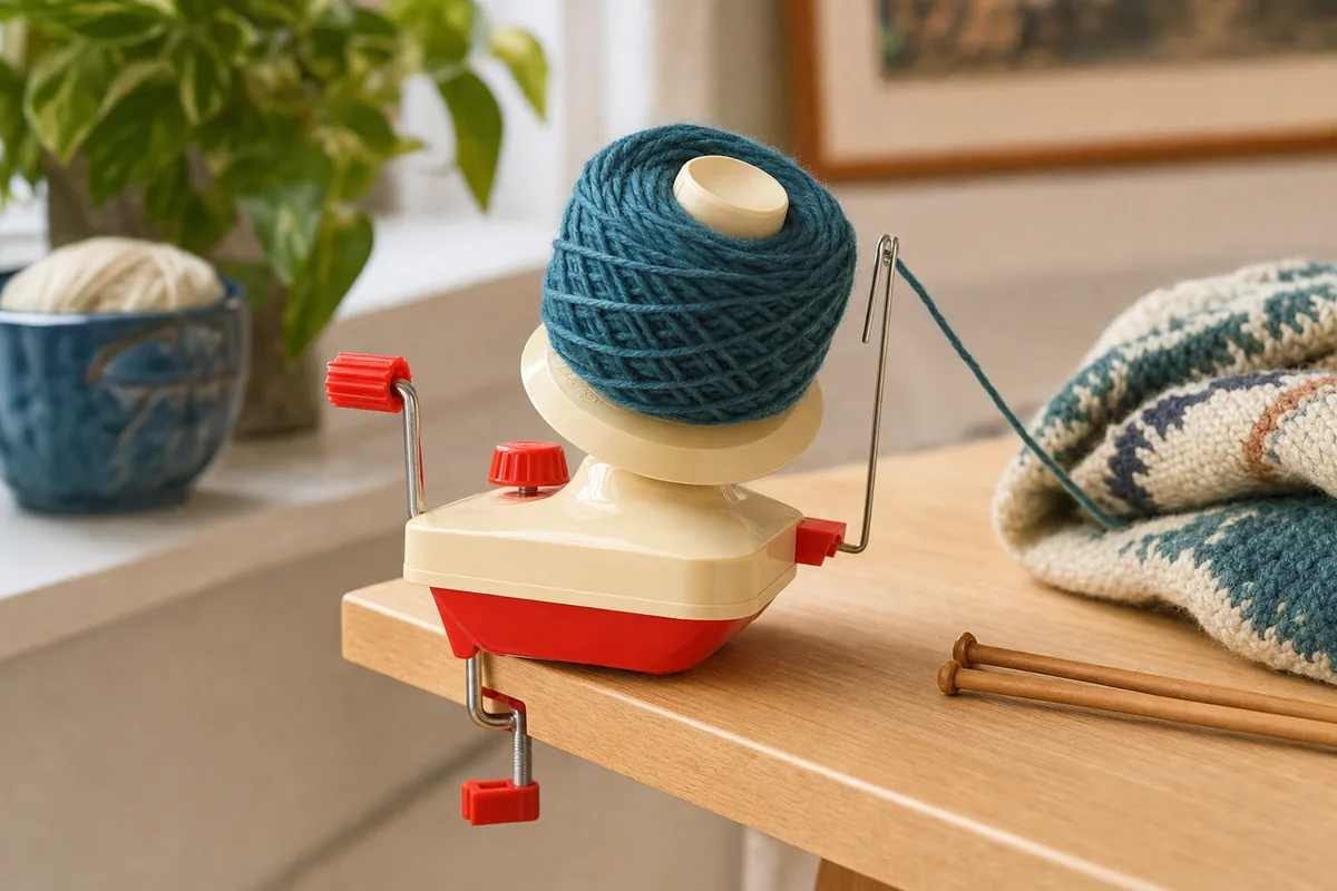 Blue umbrella yarn swift clamped to the edge of a work table beside a wound ball of yarn